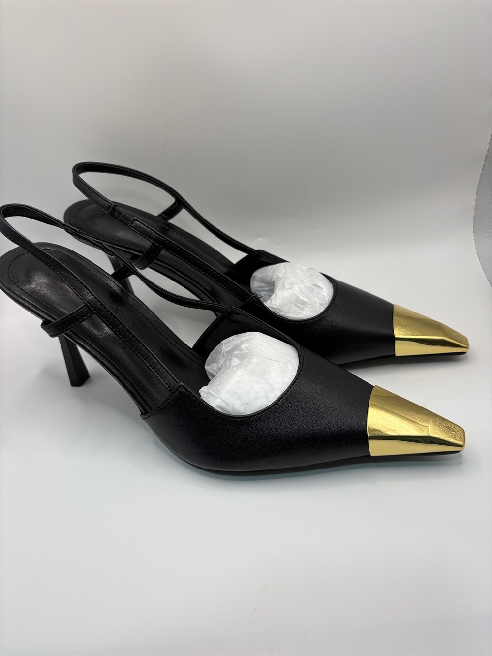 Source Unknown Black Slingback Pumps with Gold Cap Toe